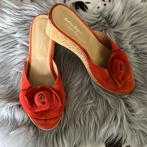 Suede rosette peep toe wedge 9 cork bottom orange red leather Italy Sotto Sopra